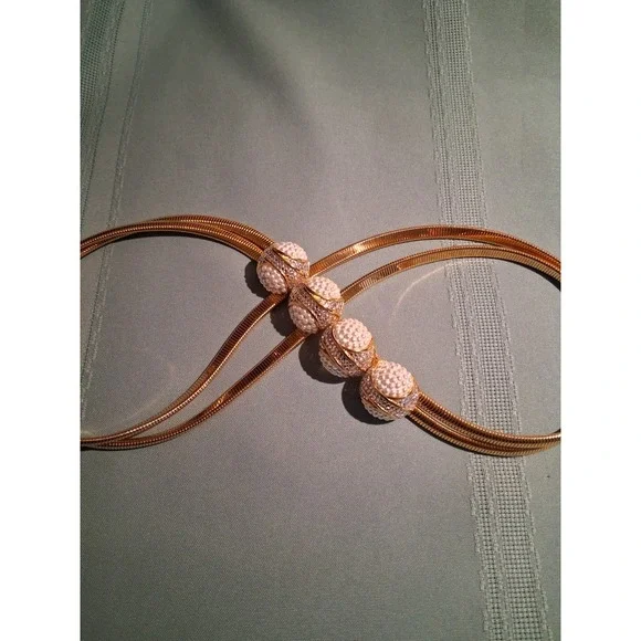 Judith Leiber Vintage Gold Double Snake Chain Belt Faux Pearl Crystal Baubles31" - Picture 3 of 8